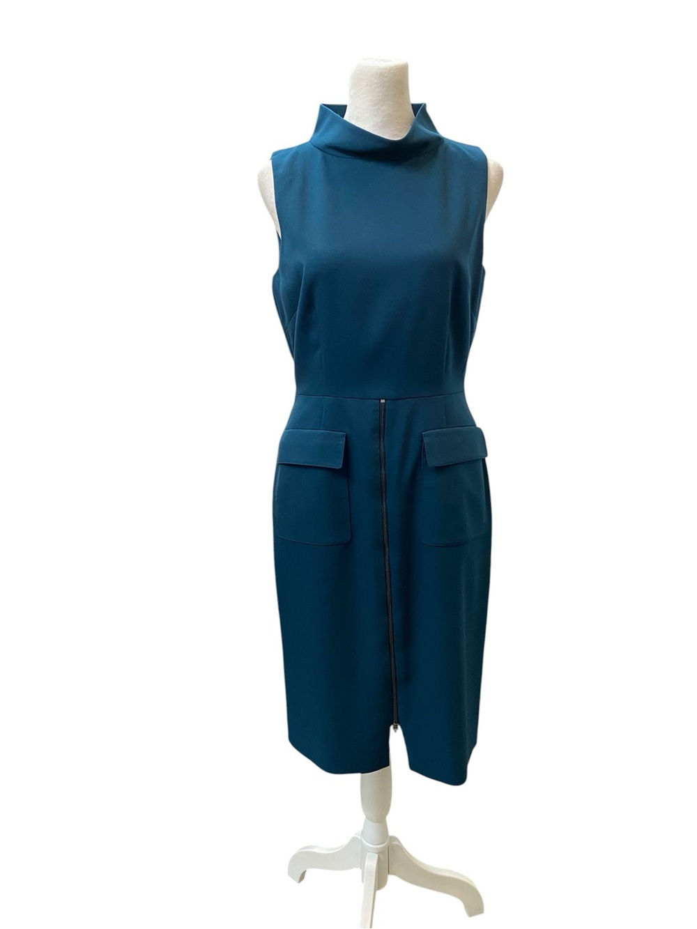 ANTONIO MELANI Size 4 Teal Sleeveless Midi Sheath Dress Back Zip & Flap Pockets